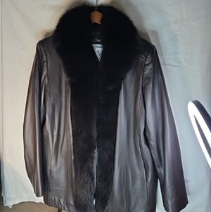 Vintage Marvin Richards Leather & Satin Brown Teddy Jacket with Fox Fur Trim